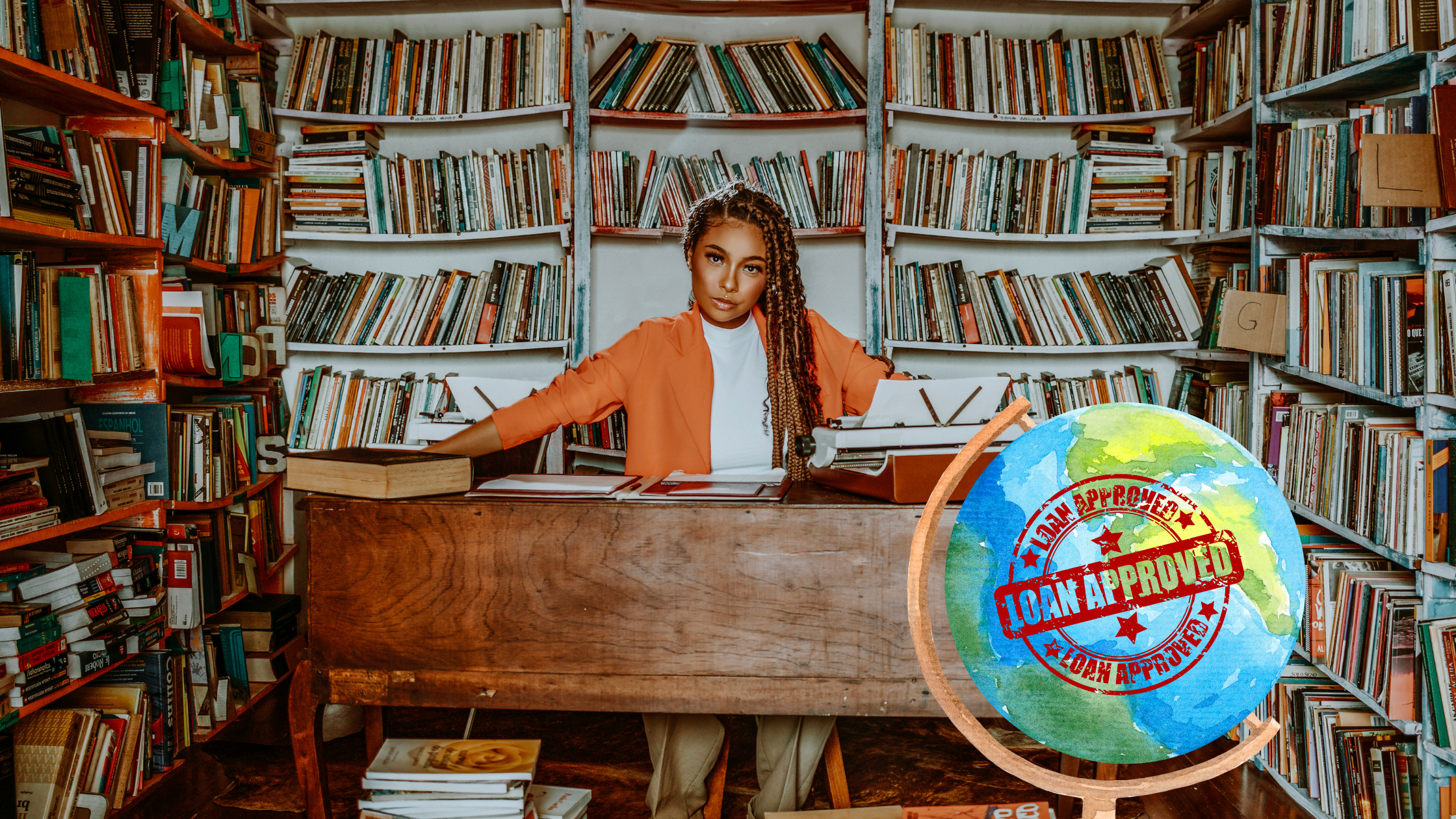 Illustration of a student surrounded by books, a globe, and a “Loan Approved” stamp